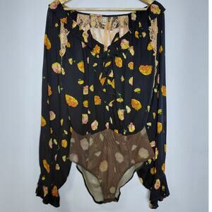 Free People Intimately Floral Bodysuit Black Knit Long Sleeve Women Size M